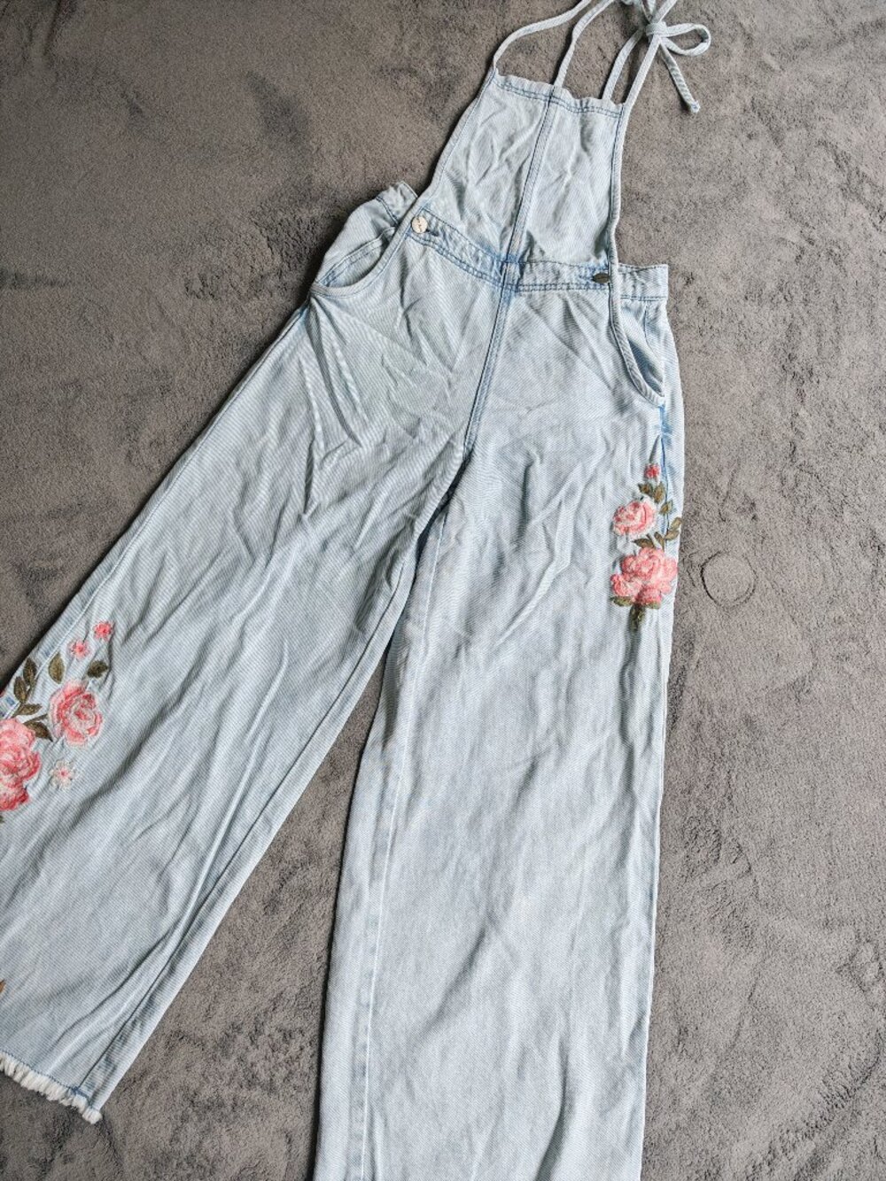 Free People x Driftwood Raphy Embroidered Denim Overalls XS Boho Wide Leg Floral - Picture 9 of 16